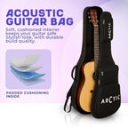 Acoustic guitar in a black carrying case with 'Arctic' branding on a light purple background.