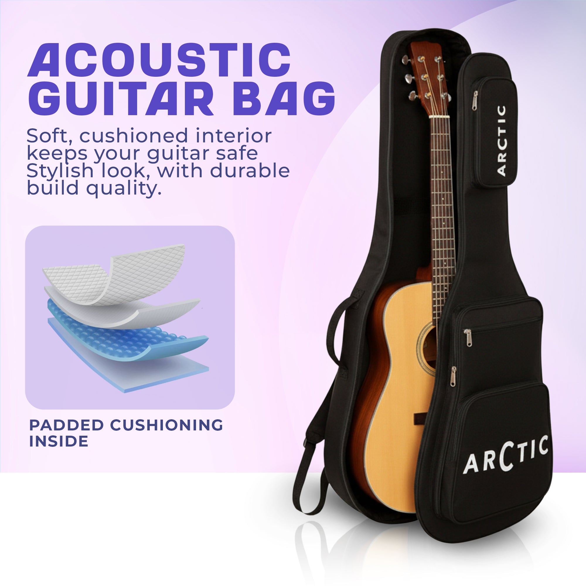 Acoustic guitar in a black carrying case with 'Arctic' branding on a light purple background.