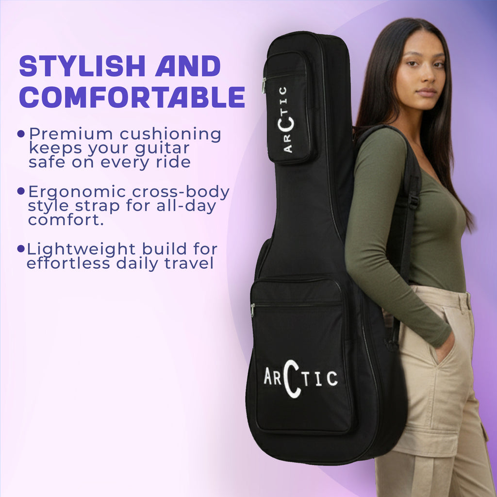 Woman carrying a black guitar case with Arctic branding on a purple background