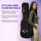 Woman carrying a black guitar case with Arctic branding on a purple background