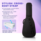 Black cross-body bag with features highlighted on a purple background