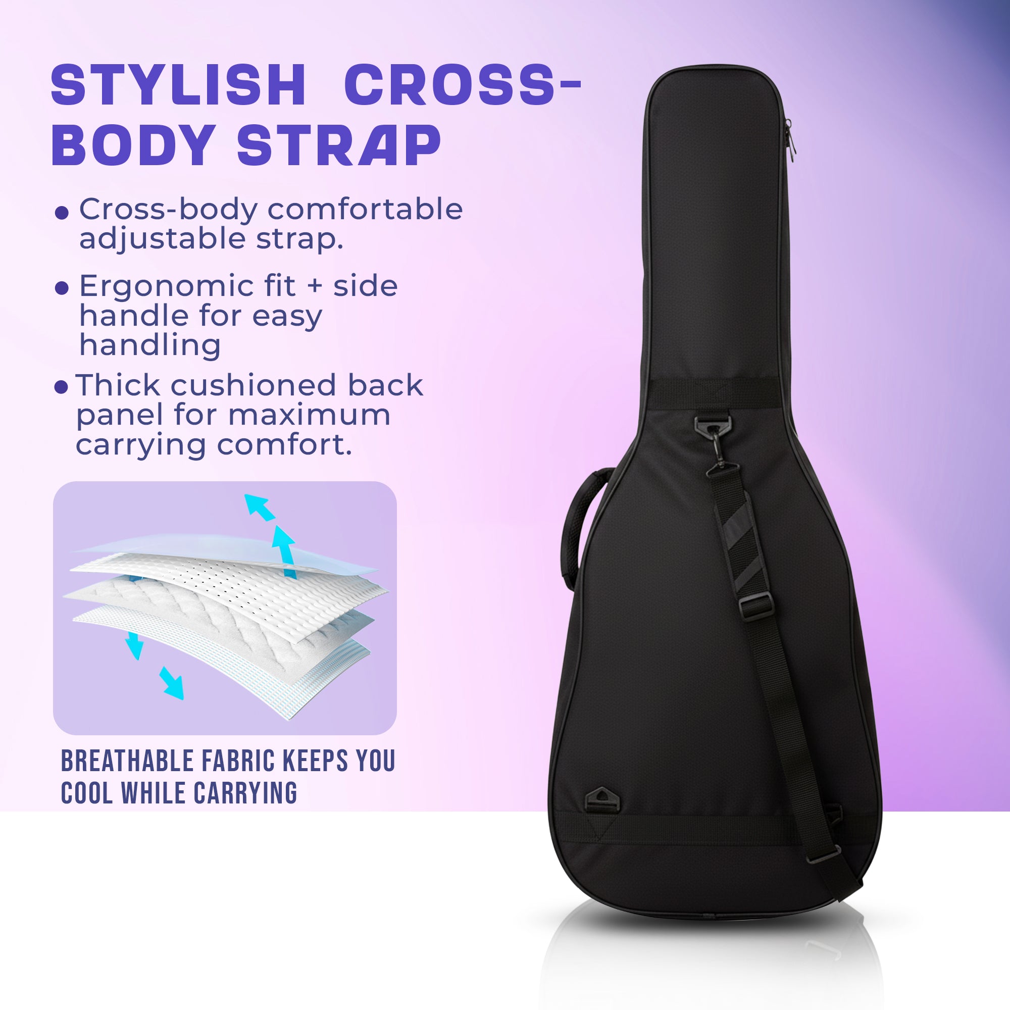 Black cross-body bag with features highlighted on a purple background