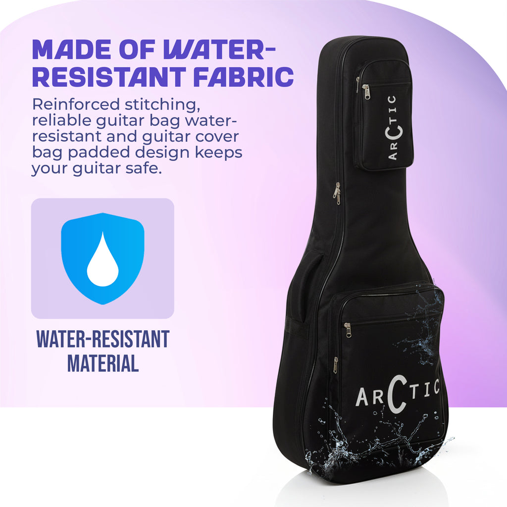 Black guitar bag with water-resistant material on a white background