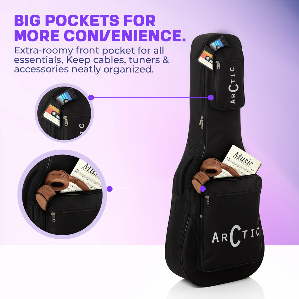 Black guitar case with big pockets for convenience, featuring the brand 'Arctic'.