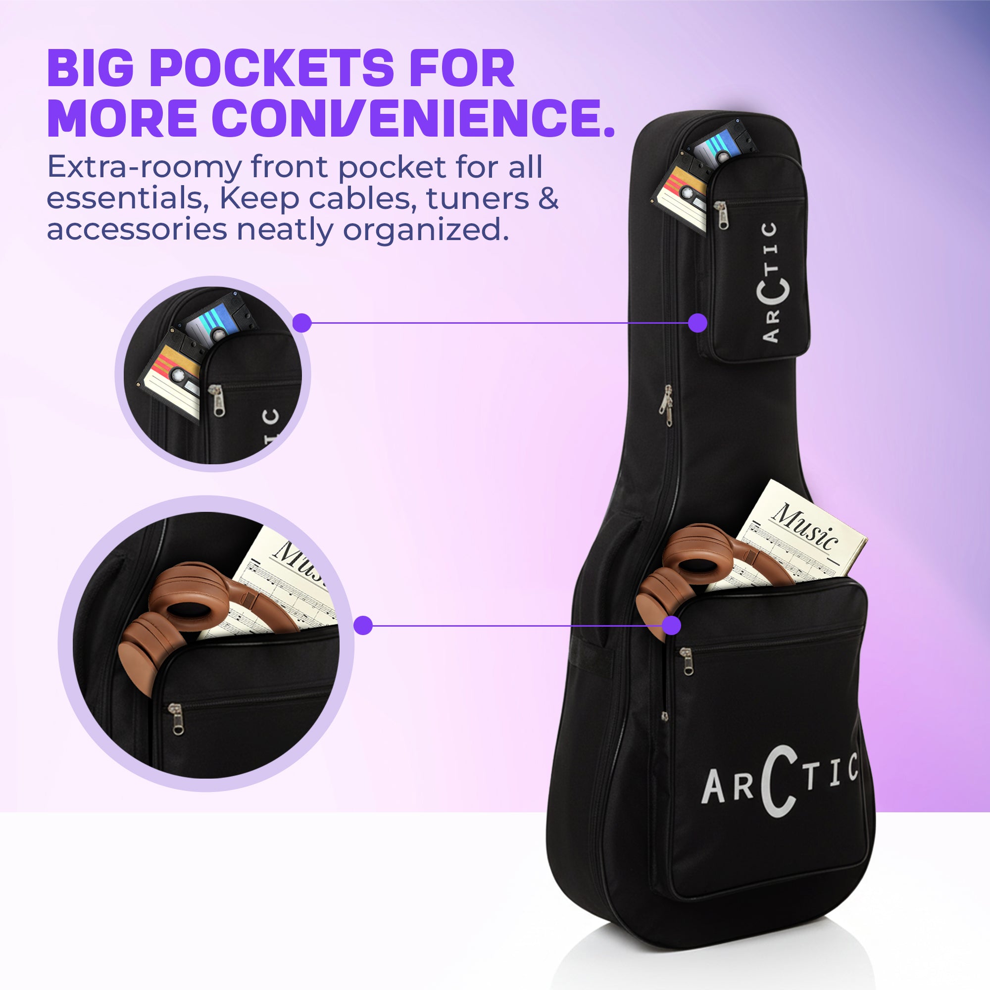 Black guitar case with big pockets for convenience, featuring the brand 'Arctic'.
