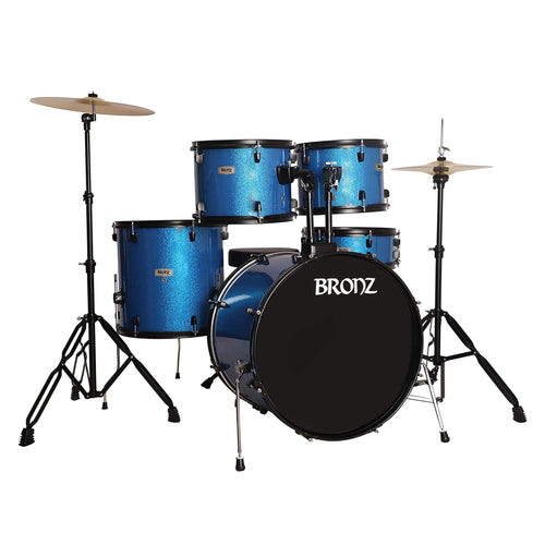 BRONZ 22 Inch 5-Piece Acoustic Drum Set with Cymbals, Hardware, Drum Throne & Drum Sticks - Blue