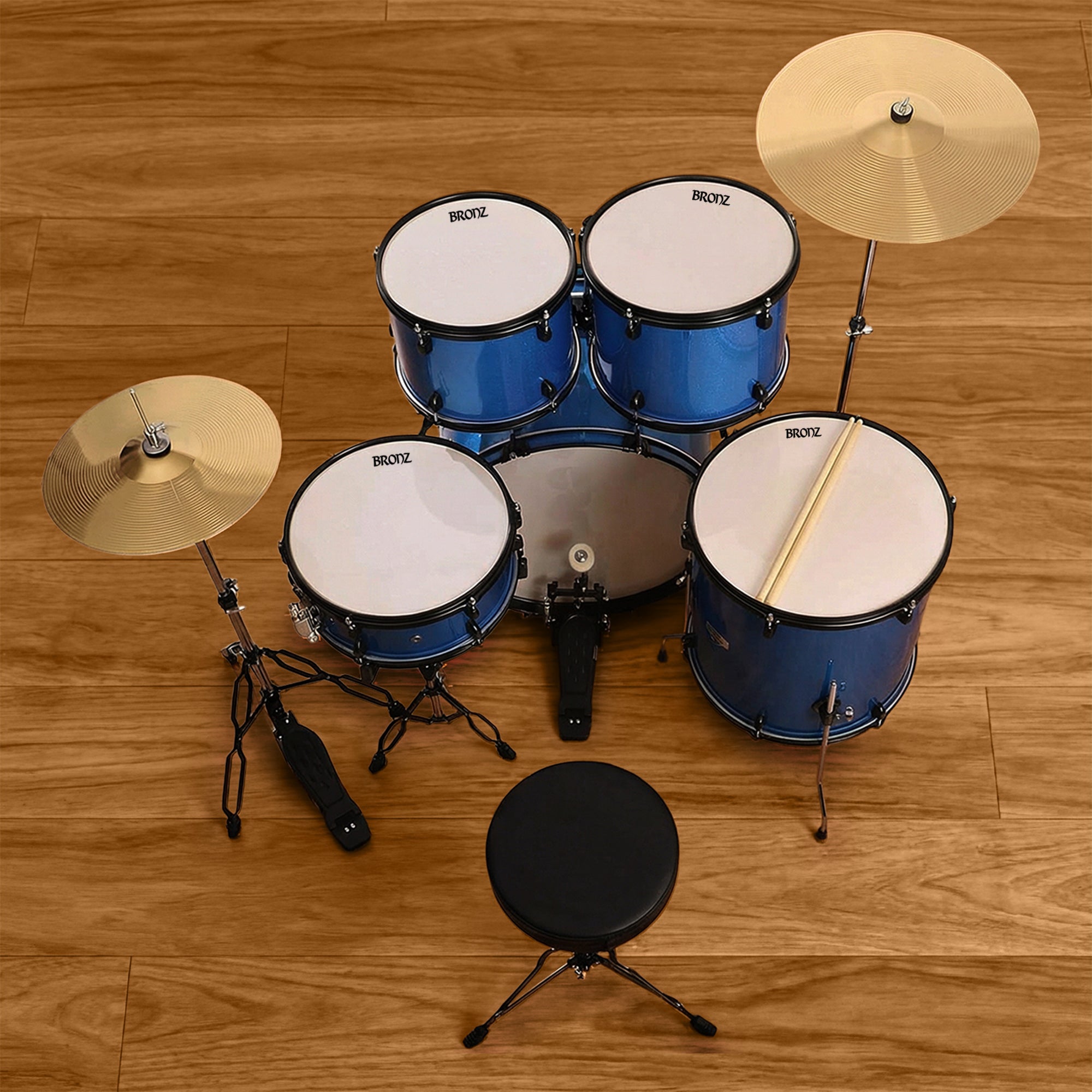 BRONZ Acoustic Drum Kit (Blue) - 5 Pc Complete Drum Set with Hardware & Throne