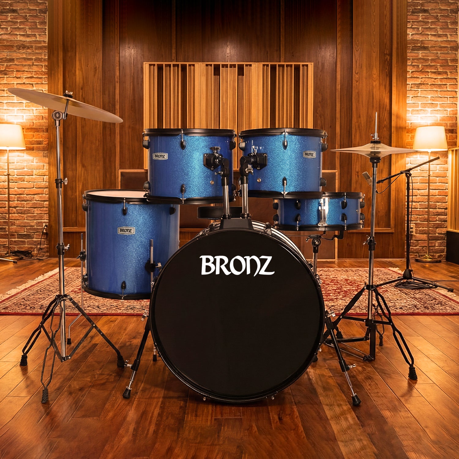 BRONZ Acoustic Drum Kit (Blue) - 5 Pc Complete Drum Set with Hardware & Throne