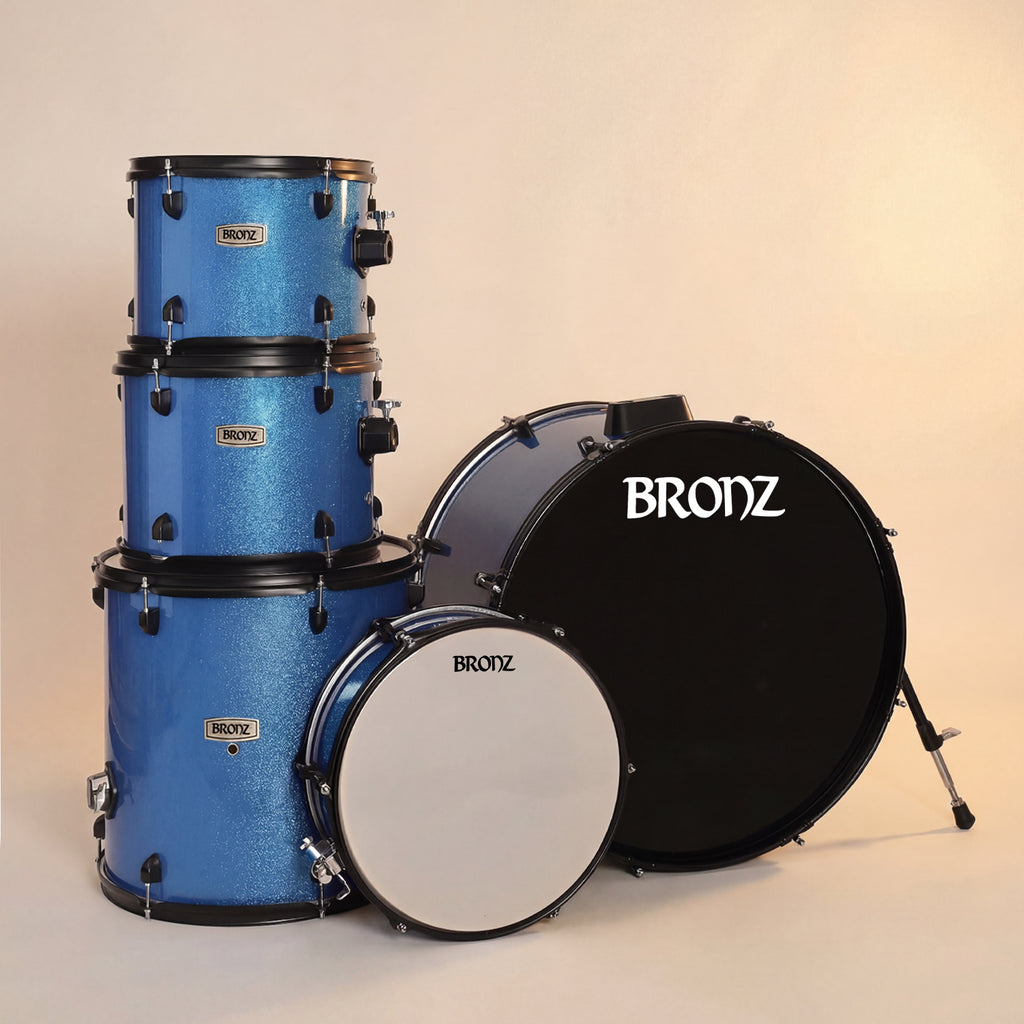 BRONZ Acoustic Drum Kit (Blue) - 5 Pc Complete Drum Set with Hardware & Throne