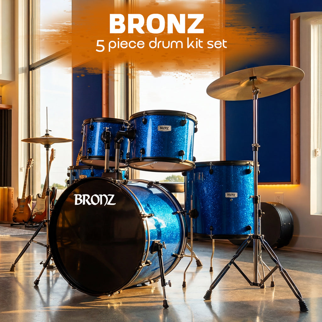 BRONZ Acoustic Drum Kit (Blue) - 5 Pc Complete Drum Set with Hardware & Throne