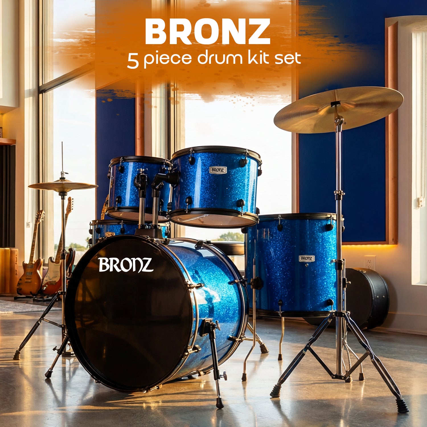 BRONZ Acoustic Drum Kit (Blue) - 5 Pc Complete Drum Set with Hardware & Throne