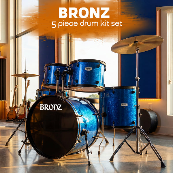 BRONZ Acoustic Drum Kit (Blue) - 5-Piece Complete Full Set with Hardware & Throne