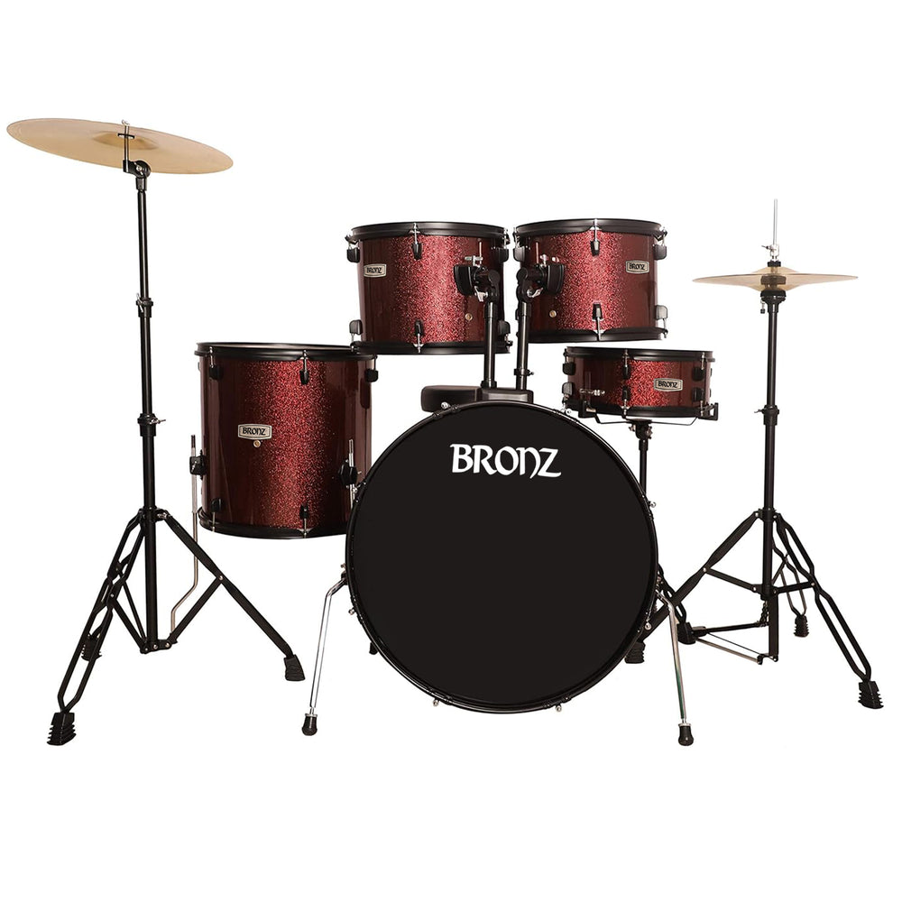 BRONZ Acoustic Drum Kit (Wine Red) - 5 Pc Complete Drum Set with Hardware & Throne