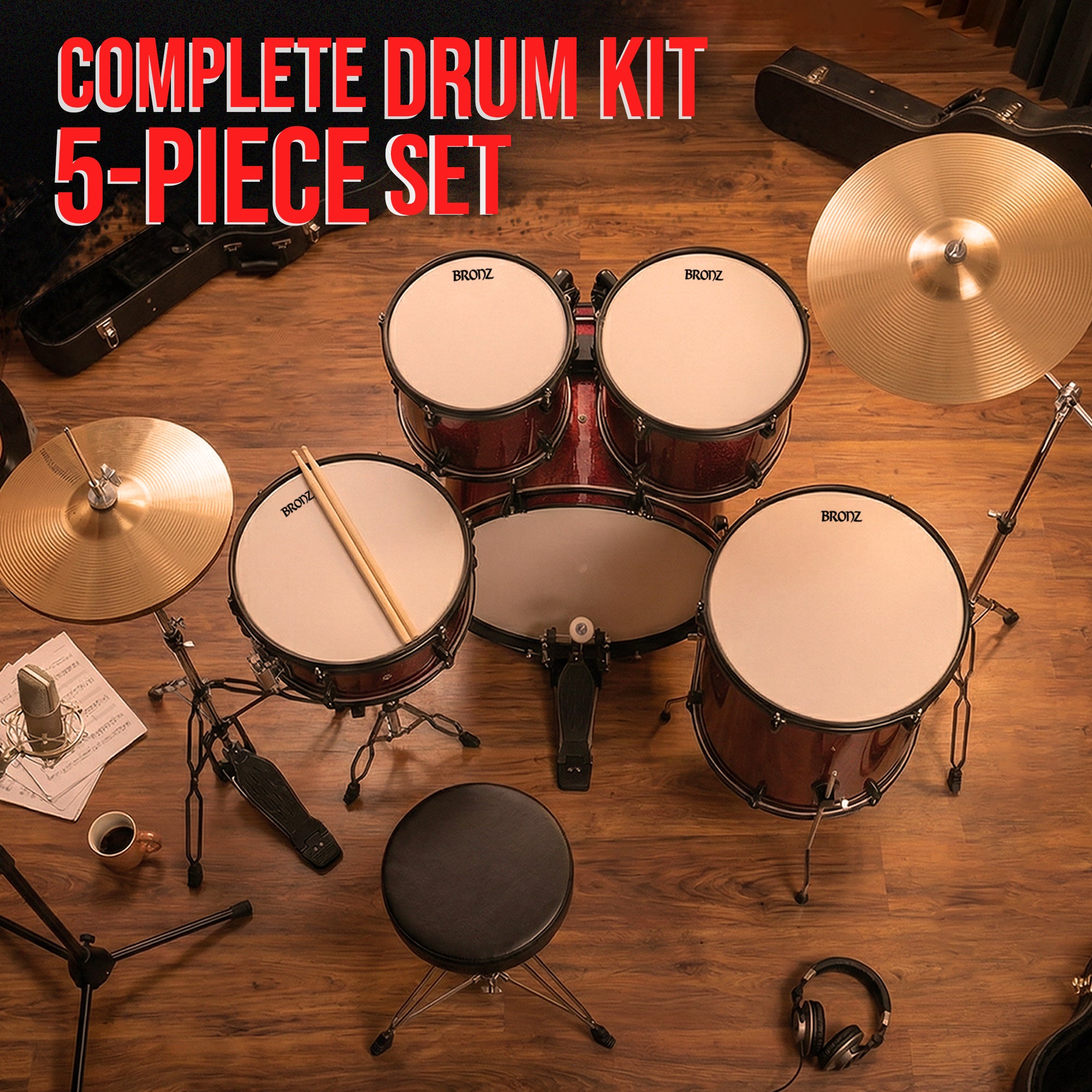 BRONZ Acoustic Drum Kit (Wine Red) - 5 Pc Complete Drum Set with Hardware & Throne