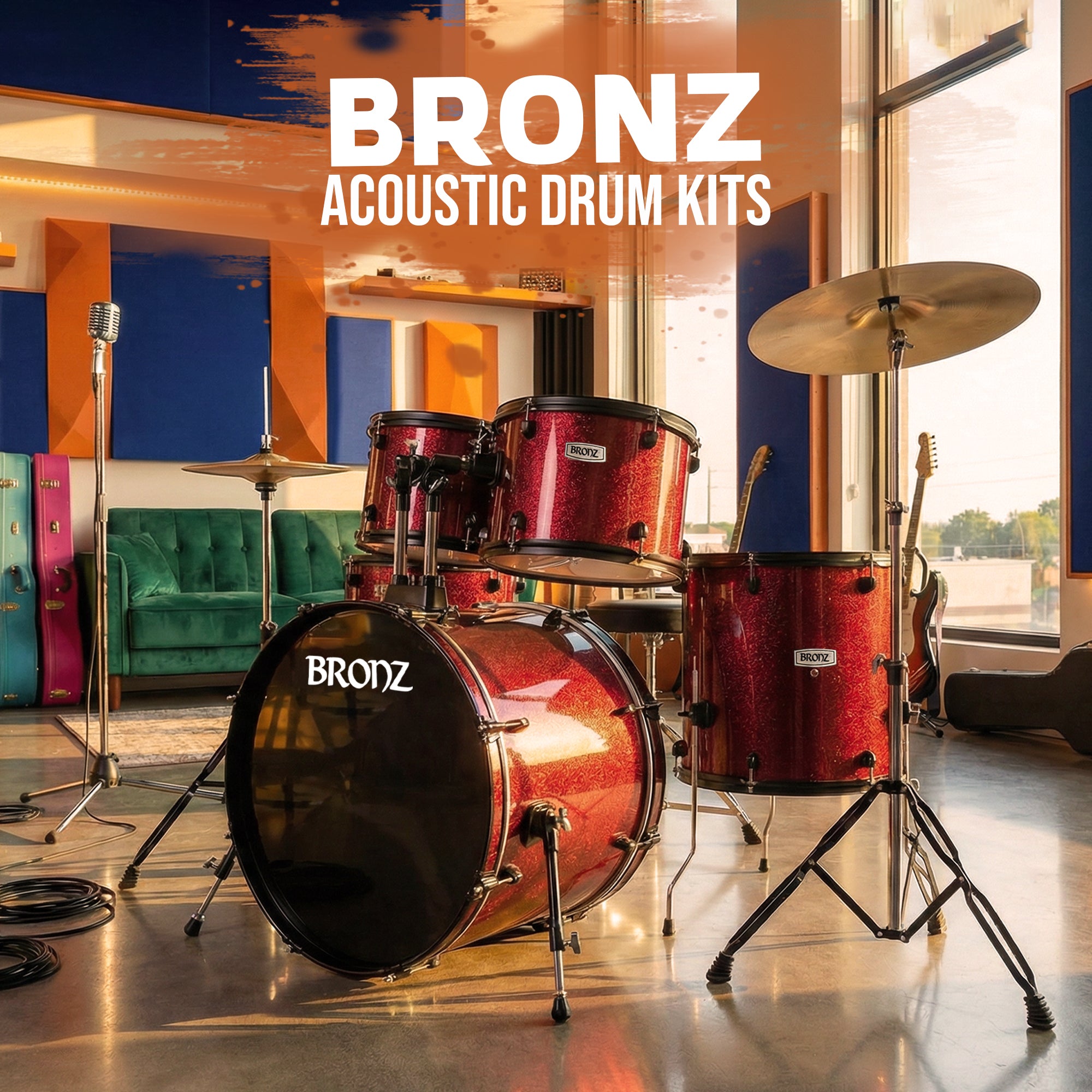 BRONZ Acoustic Drum Kit (Wine Red) - 5 Pc Complete Drum Set with Hardware & Throne