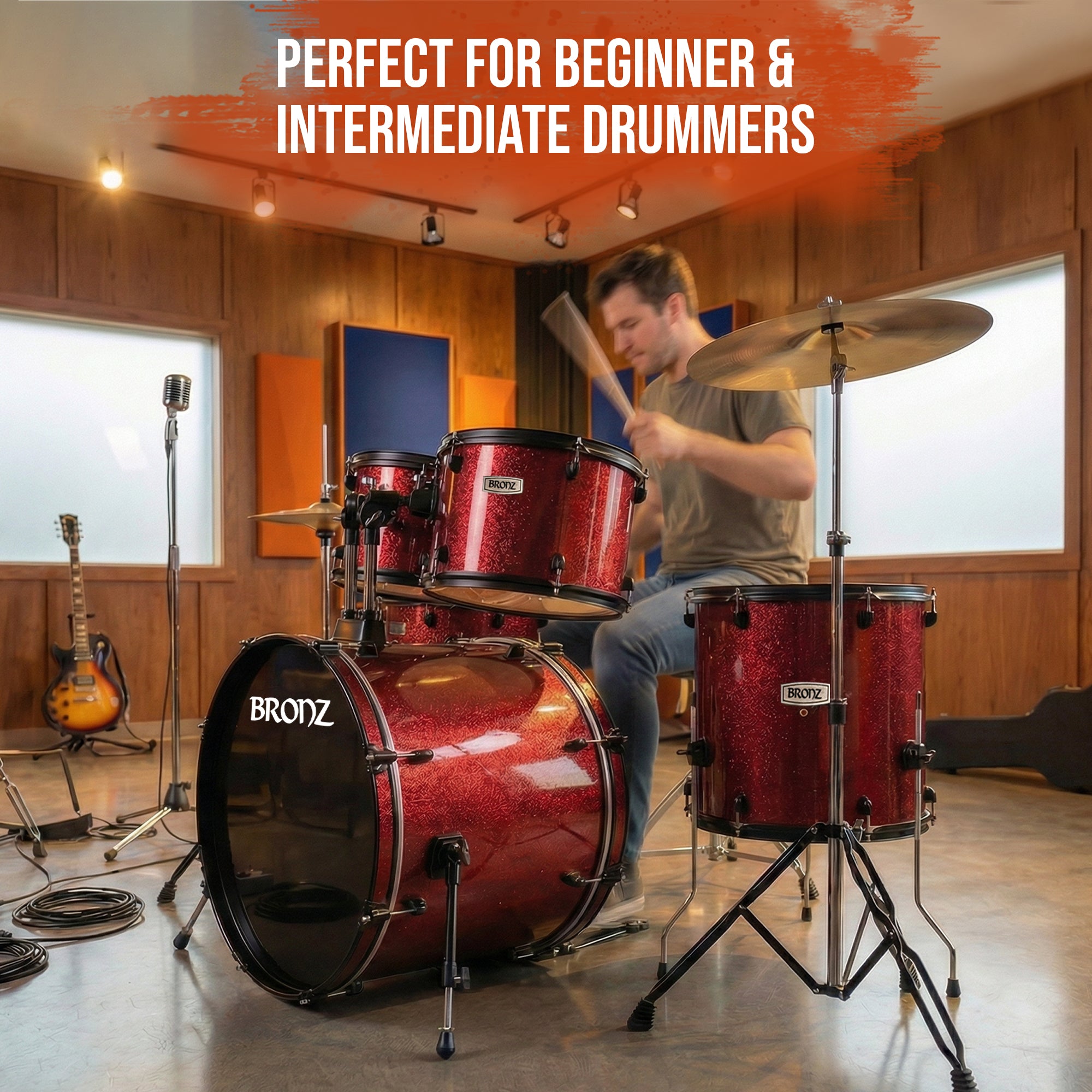 BRONZ Acoustic Drum Kit (Wine Red) - 5 Pc Complete Drum Set with Hardware & Throne