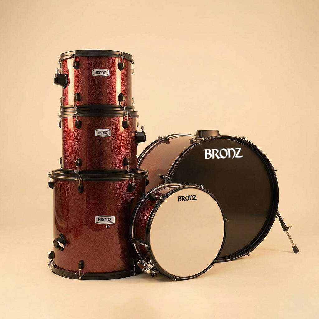 BRONZ Acoustic Drum Kit (Wine Red) - 5 Pc Complete Drum Set with Hardware & Throne