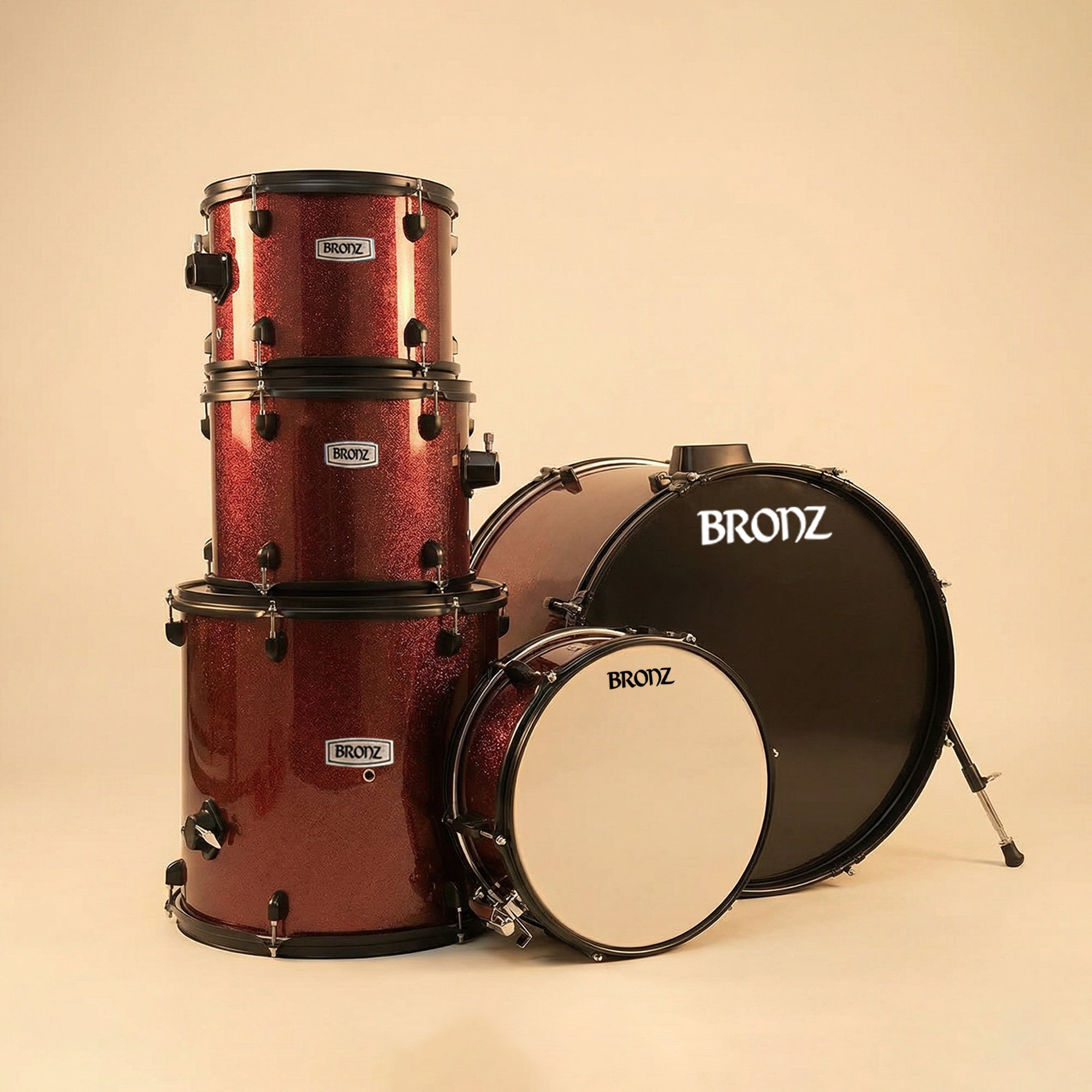 BRONZ Acoustic Drum Kit (Wine Red) - 5 Pc Complete Drum Set with Hardware & Throne