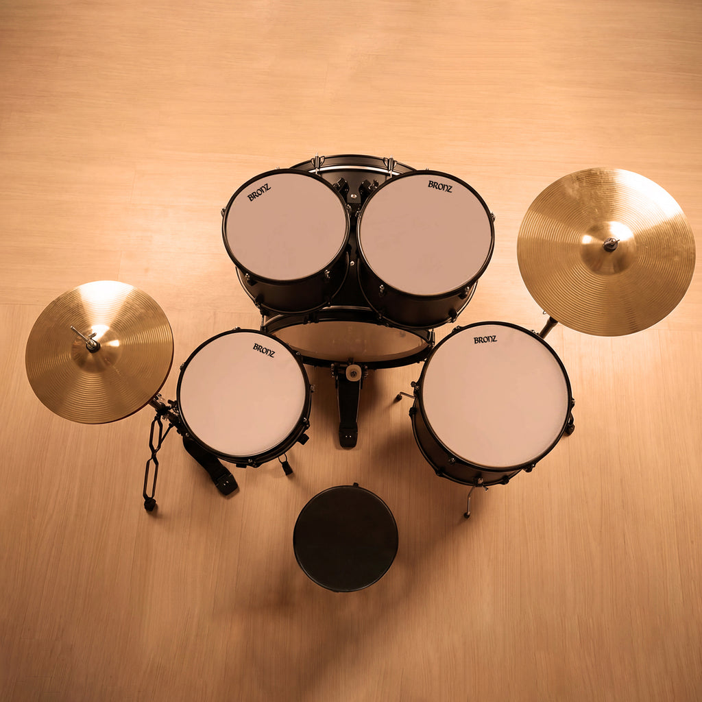 BRONZ Acoustic Drum Kit (Black) - 5 Pc Complete Drum Set with Hardware & Throne