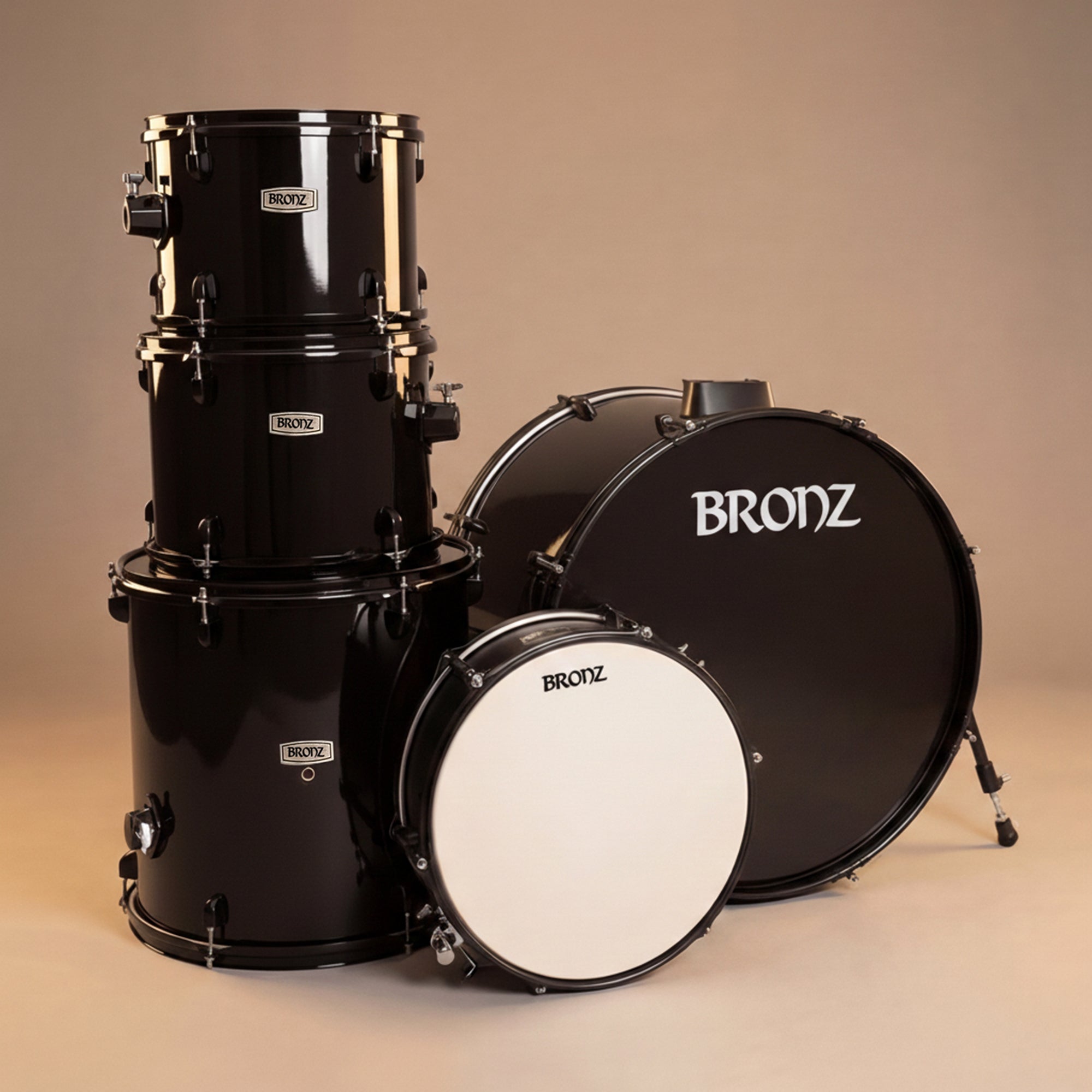 BRONZ Acoustic Drum Kit (Black) - 5 Pc Complete Drum Set with Hardware & Throne