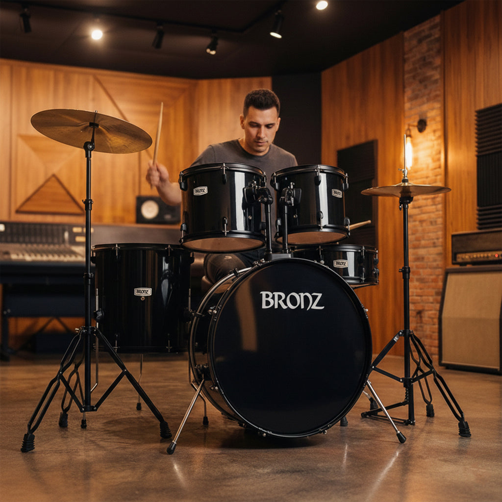Person playing a drum set with 'Bronz' branding in a studio setting.