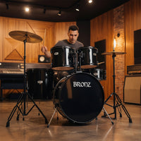 BRONZ Black 5-Piece Acoustic Drum Kit with Hardware & Throne