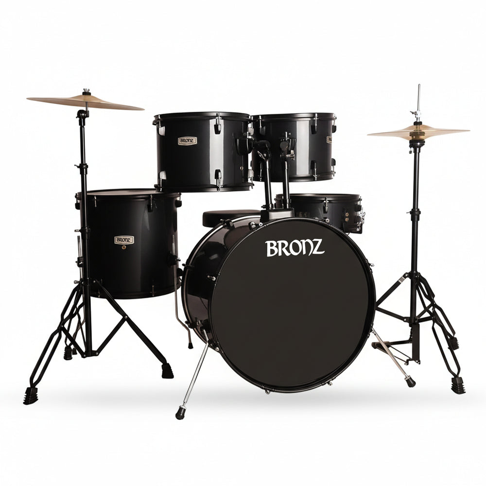 BRONZ Acoustic Drum Kit (Black) - 5-Piece Complete Full Set with Hardware & Throne