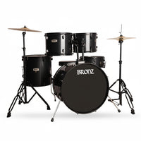 BRONZ Acoustic Drum Kit (Black) - 5-Piece Complete Full Set with Hardware & Throne