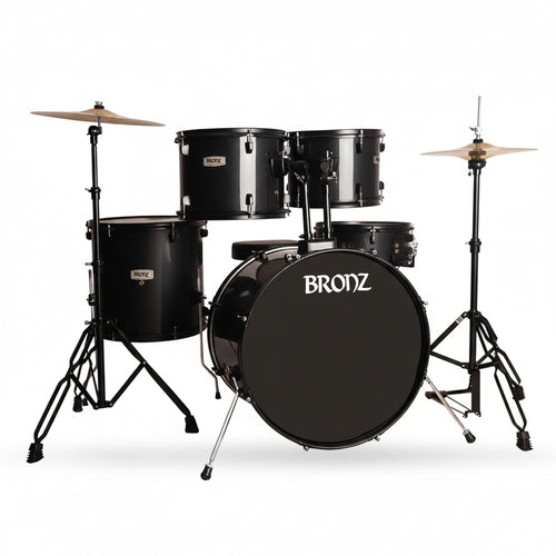 BRONZ 22 Inch 5-Piece Acoustic Drum Set with Cymbals, Hardware, Drum Throne & Drum Sticks - Black