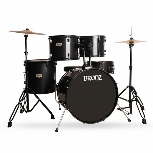 BRONZ Acoustic Drum Kit (Black) - 5 Pc Complete Drum Set with Hardware & Throne