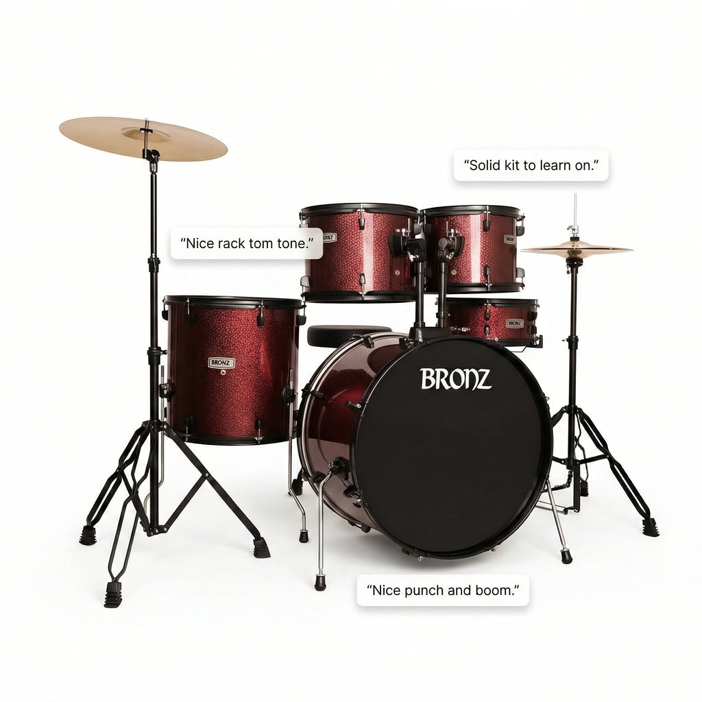 BRONZ Wine Red 5-Piece Acoustic Drum Kit with Hardware & Throne