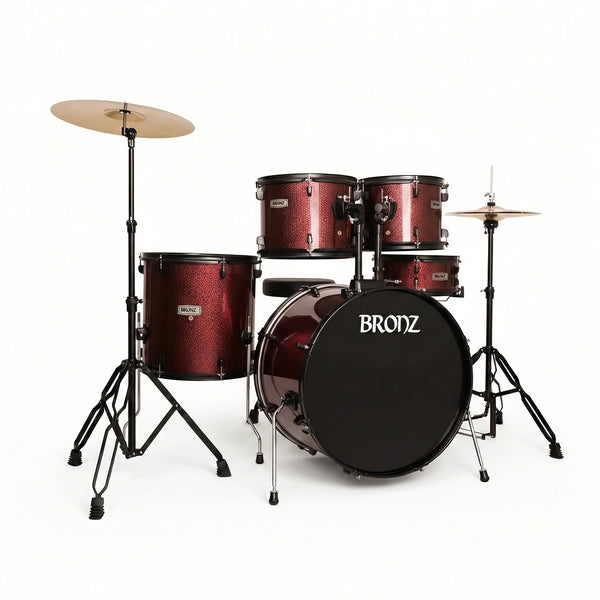 BRONZ Wine Red 5-Piece Acoustic Drum Kit with Hardware & Throne