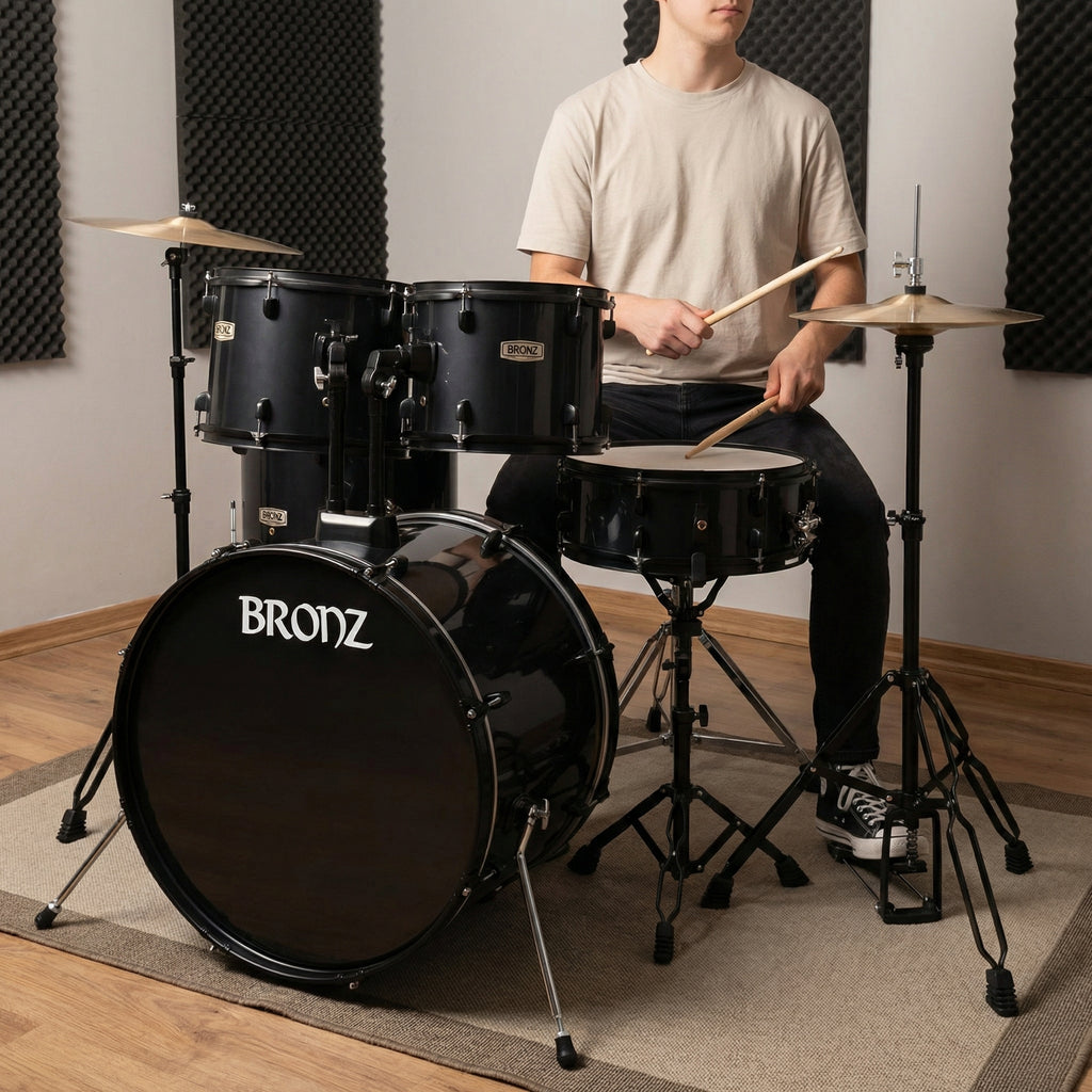 BRONZ Black 5-Piece Acoustic Drum Kit with Hardware & Throne