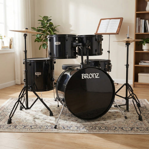 BRONZ 22 Inch 5-Piece Acoustic Drum Set with Cymbals, Hardware, Drum Throne & Drum Sticks - Black