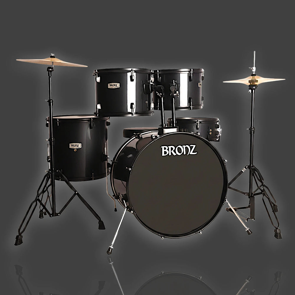 BRONZ Black 5-Piece Acoustic Drum Kit with Hardware & Throne