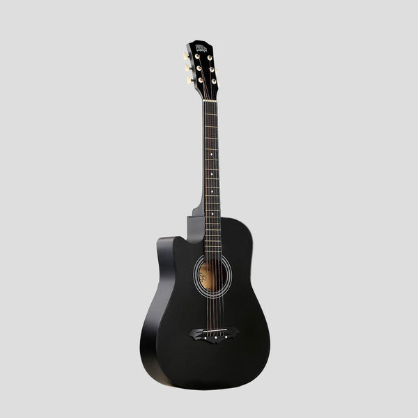Black acoustic guitar on a white background