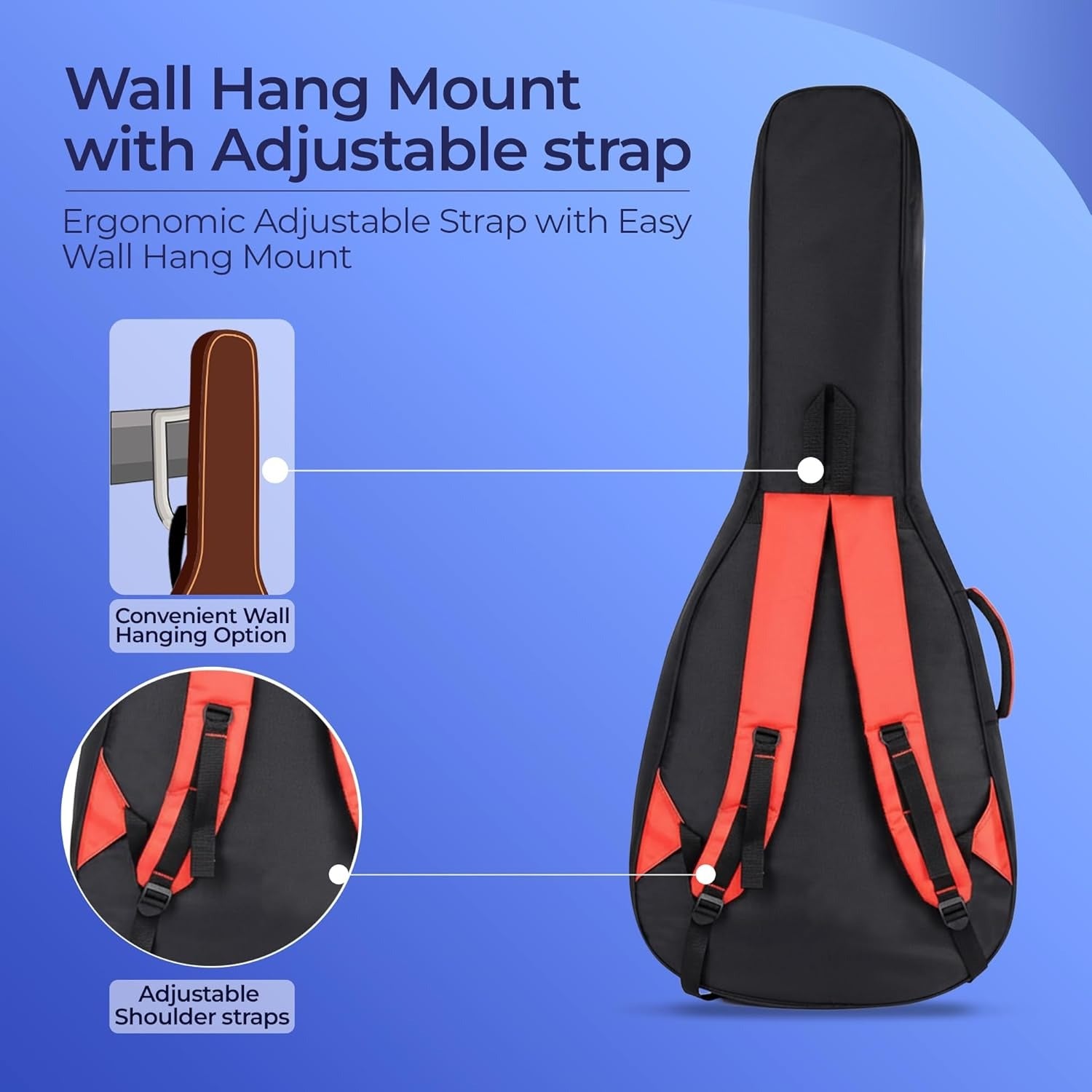 Black and red guitar case with adjustable strap and wall mount on a blue background