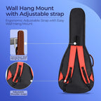 Black and red guitar case with adjustable strap and wall mount on a blue background