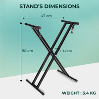 Black keyboard stand with dimensions and weight information on a light green background