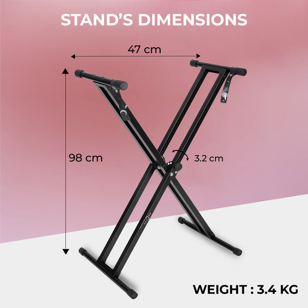 Black keyboard stand with dimensions and weight information on a pink and white background