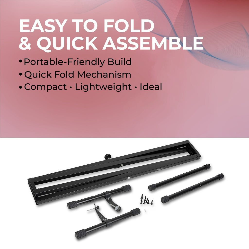 Black metal frame components with text highlighting ease of assembly on a pink and white background