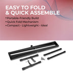 Black metal frame components with text highlighting ease of assembly on a pink and white background