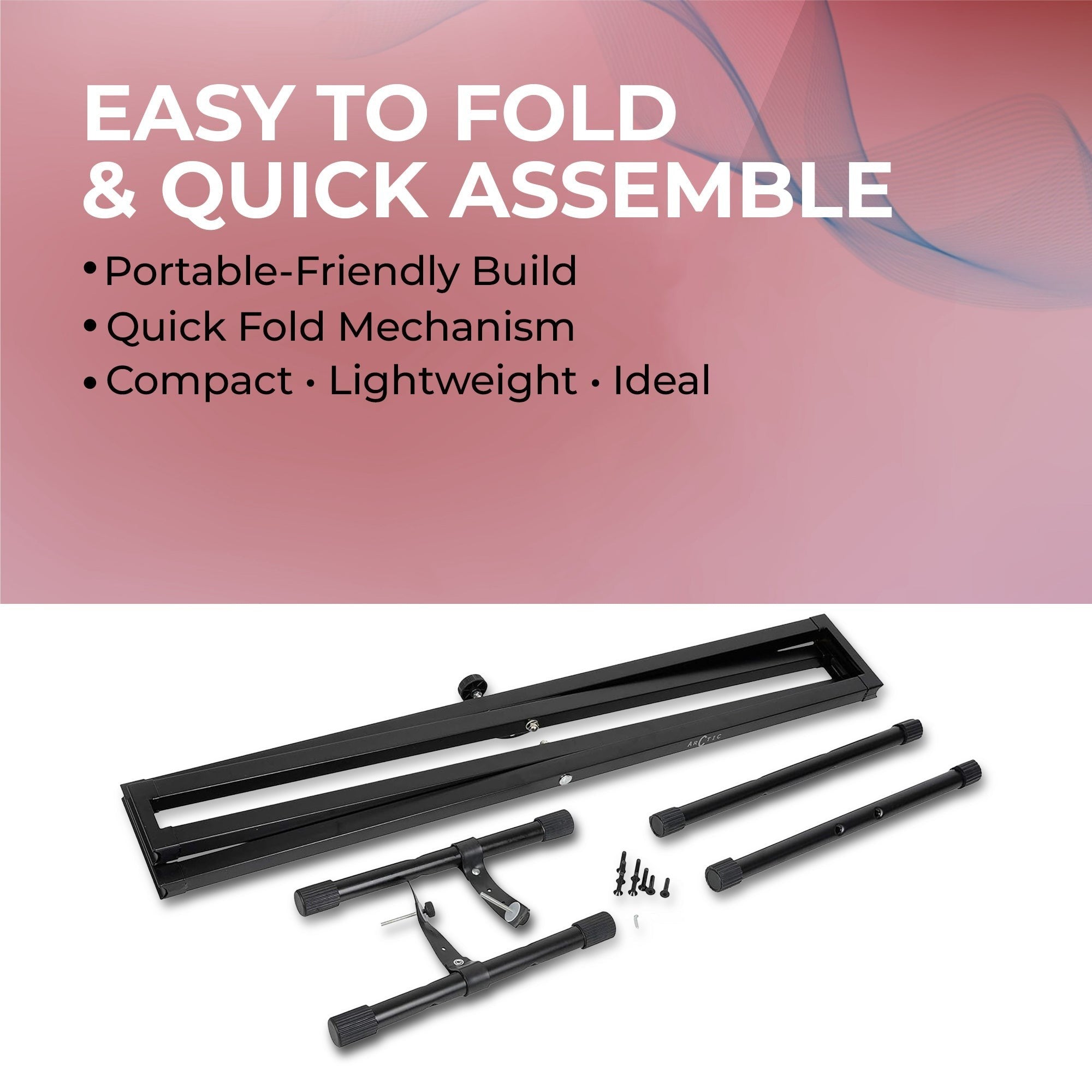 Black metal frame components with text highlighting ease of assembly on a pink and white background