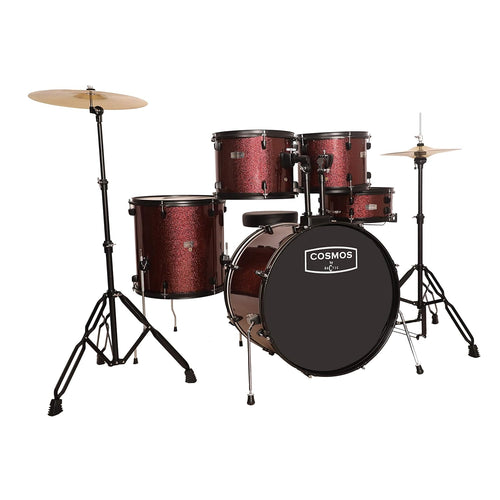 ARCTIC Cosmos 22 Inch 5-Piece Acoustic Drum Set with Cymbals, Hardware, Drum Throne & Drum Sticks - Red