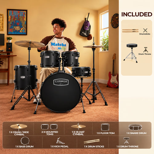 ARCTIC Cosmos 22 Inch 5-Piece Acoustic Drum Set with Cymbals, Hardware, Drum Throne & Drum Sticks - Black