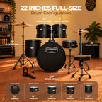 ARCTIC Cosmos 22 Inch 5-Piece Acoustic Drum Set with Cymbals, Hardware, Drum Throne & Drum Sticks - Black