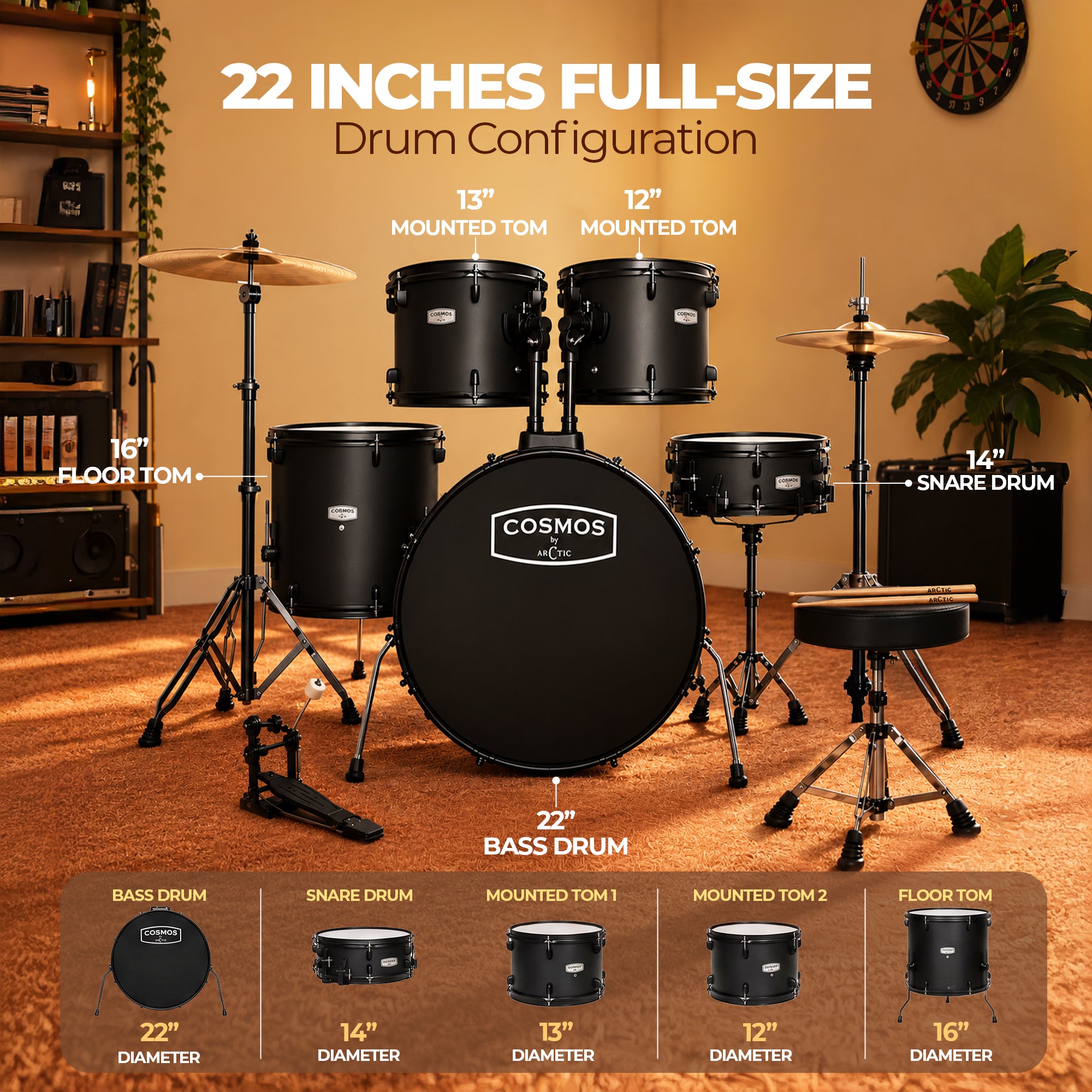 ARCTIC Cosmos 22 Inch 5-Piece Acoustic Drum Set with Cymbals, Hardware, Drum Throne & Drum Sticks - Black