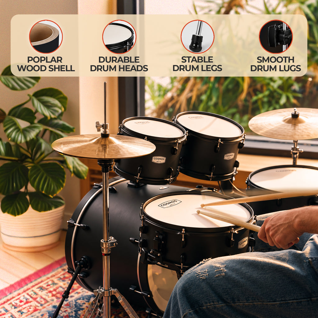 ARCTIC Cosmos 22 Inch 5-Piece Acoustic Drum Set with Cymbals, Hardware, Drum Throne & Drum Sticks - Black