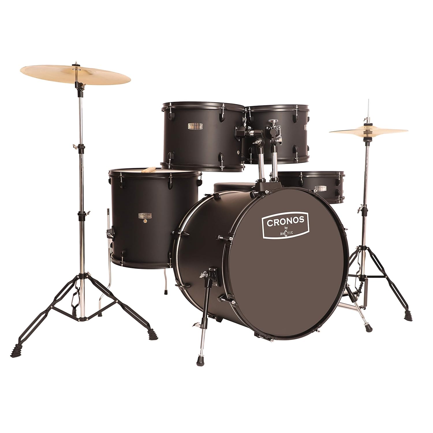 ARCTIC Cronos 22 Inch 5-Piece Acoustic Drum Set with Cymbals, Hardware, Drum Throne & Drum Sticks - Black