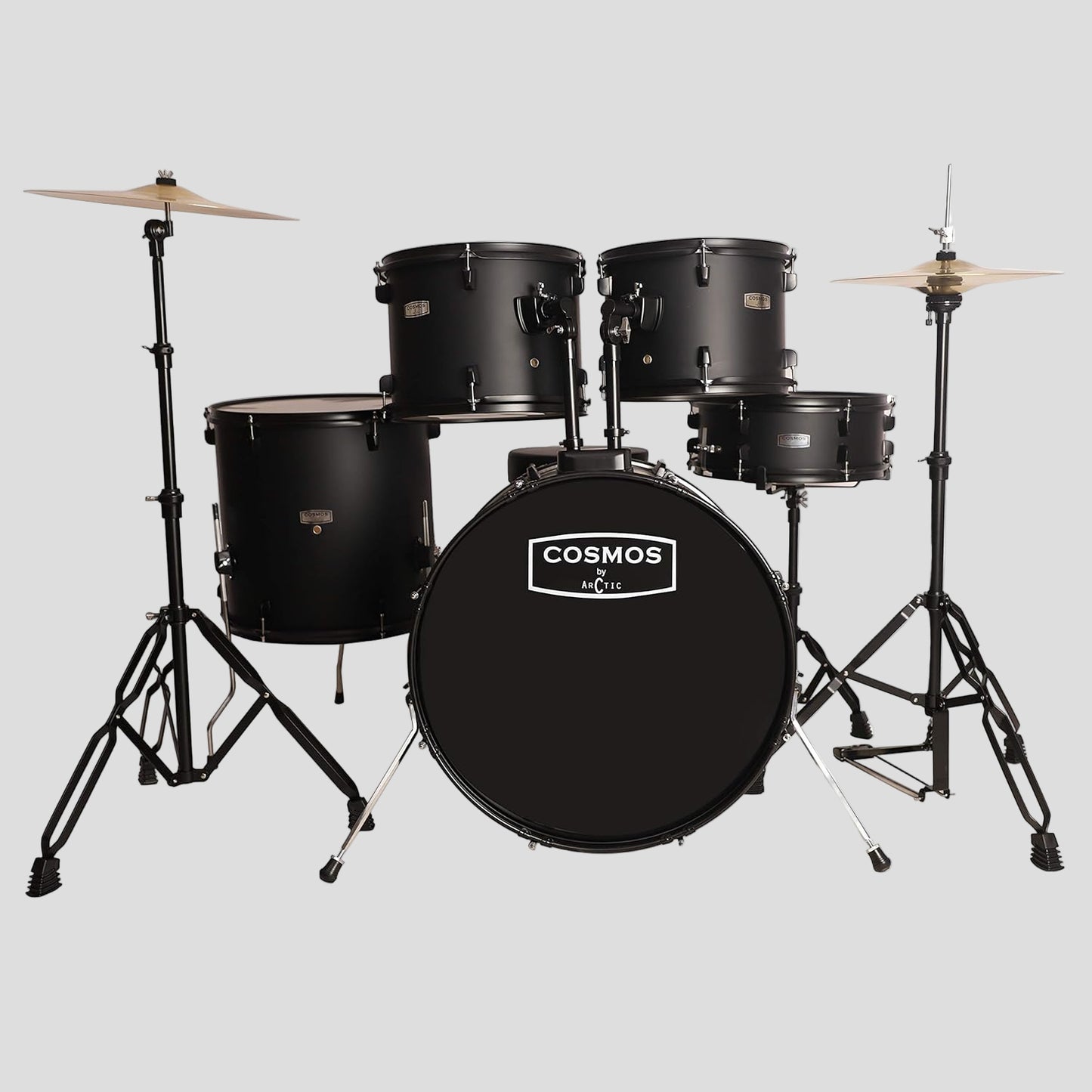 Black drum set with 'Cosmos' branding on a white background